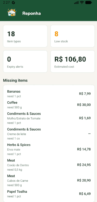 Telas do aplicativo mobile do Reponha